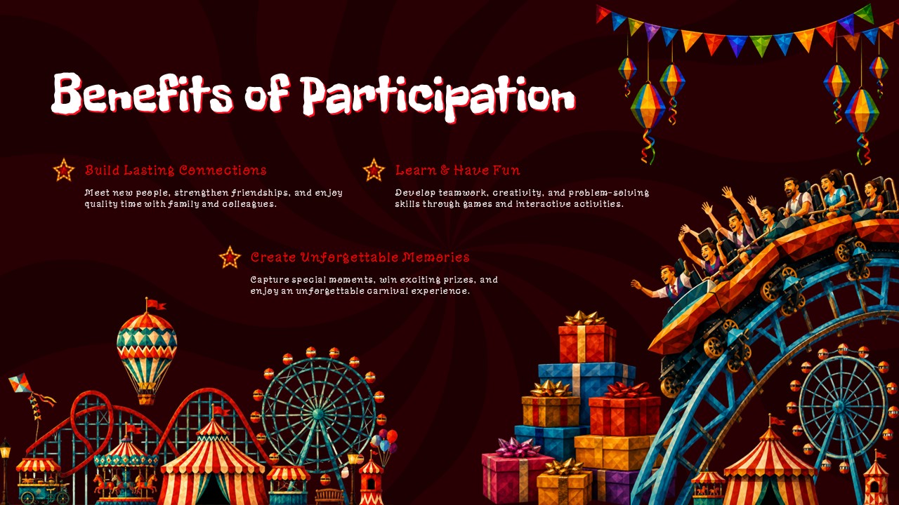 Fun Carnival Theme Template - Benefits slide with roller coaster scene, panoramic fairground, and three key points