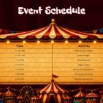 Fun Carnival Theme Template - Schedule slide with parchment bulletin board table inside a striped carnival tent scene