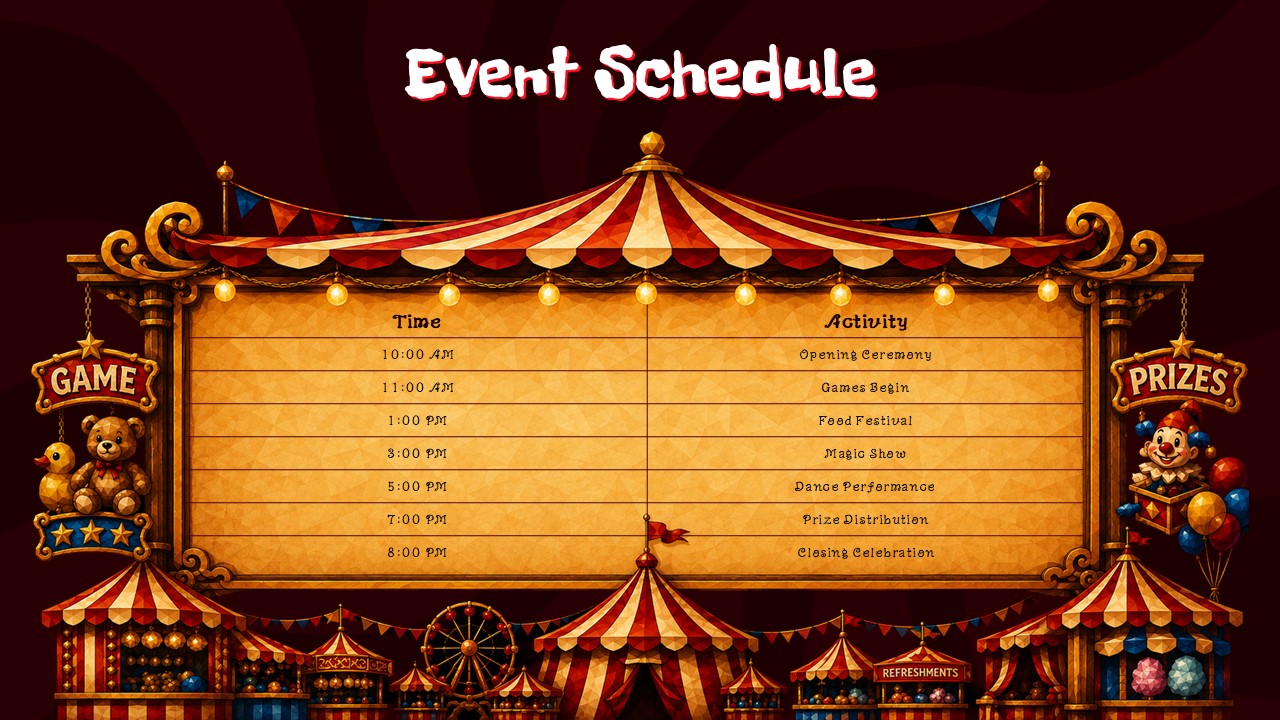 Fun Carnival Theme Template - Schedule slide with parchment bulletin board table inside a striped carnival tent scene