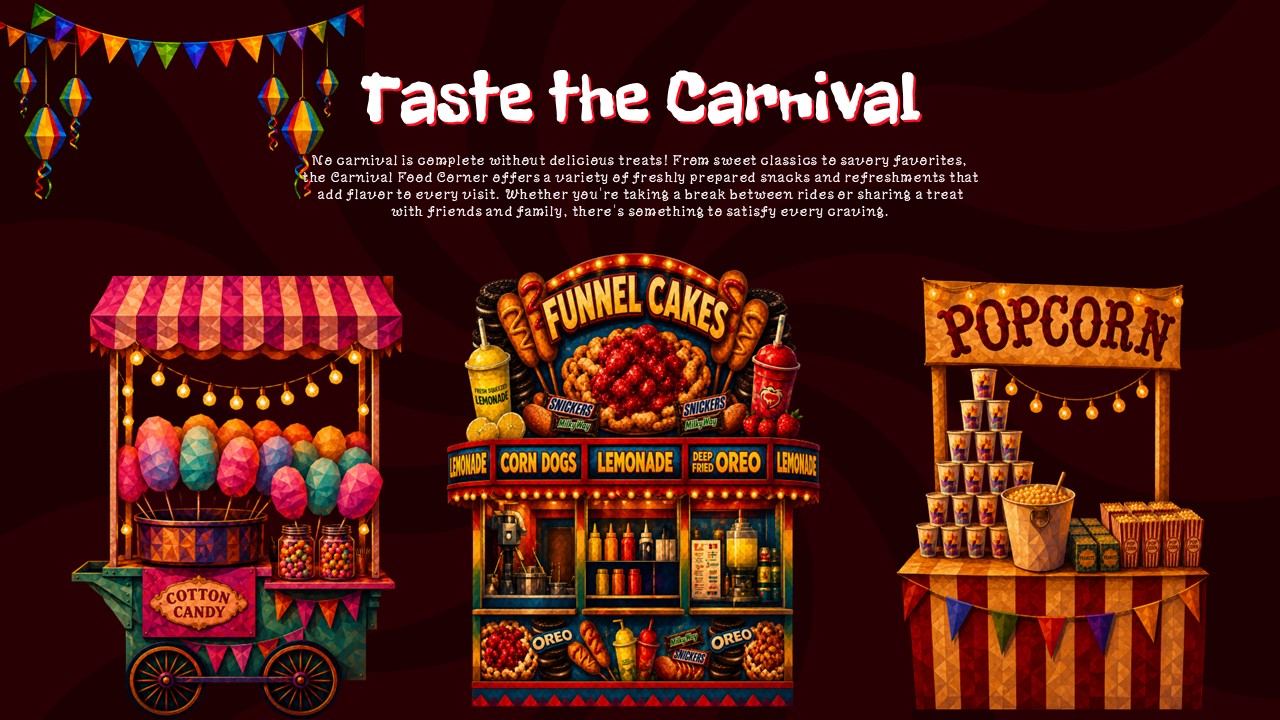 Fun Carnival Theme Template - Food slide with illustrated cotton candy, funnel cake, and popcorn vendor stalls