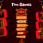 Fun Carnival Theme Template - Games slide with ticket photo frames, directional signpost, and six carnival game labels