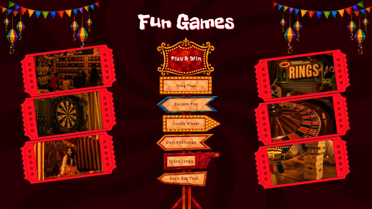 Fun Carnival Theme Template - Games slide with ticket photo frames, directional signpost, and six carnival game labels