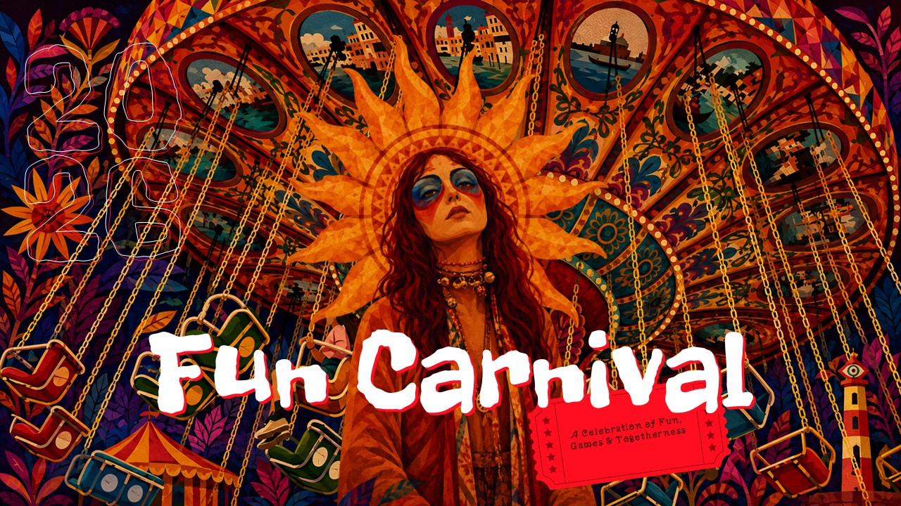 Fun Carnival Theme Template - Title slide with carnival woman illustration, swing rides, and bold handwritten font