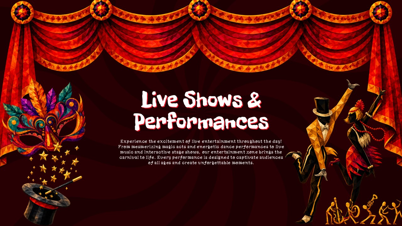 Fun Carnival Theme Template - Entertainment slide with red stage curtain, masquerade mask, and ringmaster figure