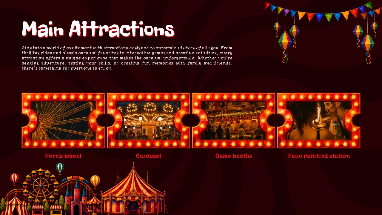 Fun Carnival Theme Template - Main attractions slide with illuminated marquee photo panels and fairground scene