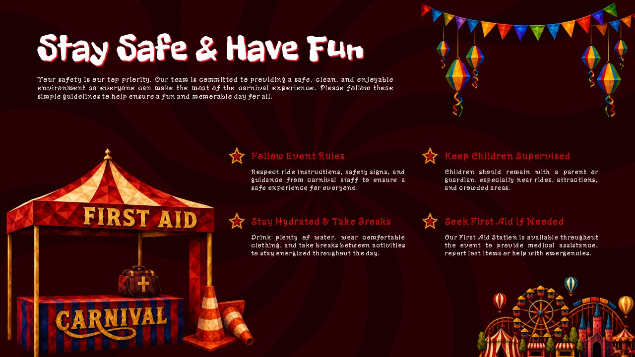 Fun Carnival Theme Template - Safety slide with First Aid tent illustration and four guideline sections with star icons