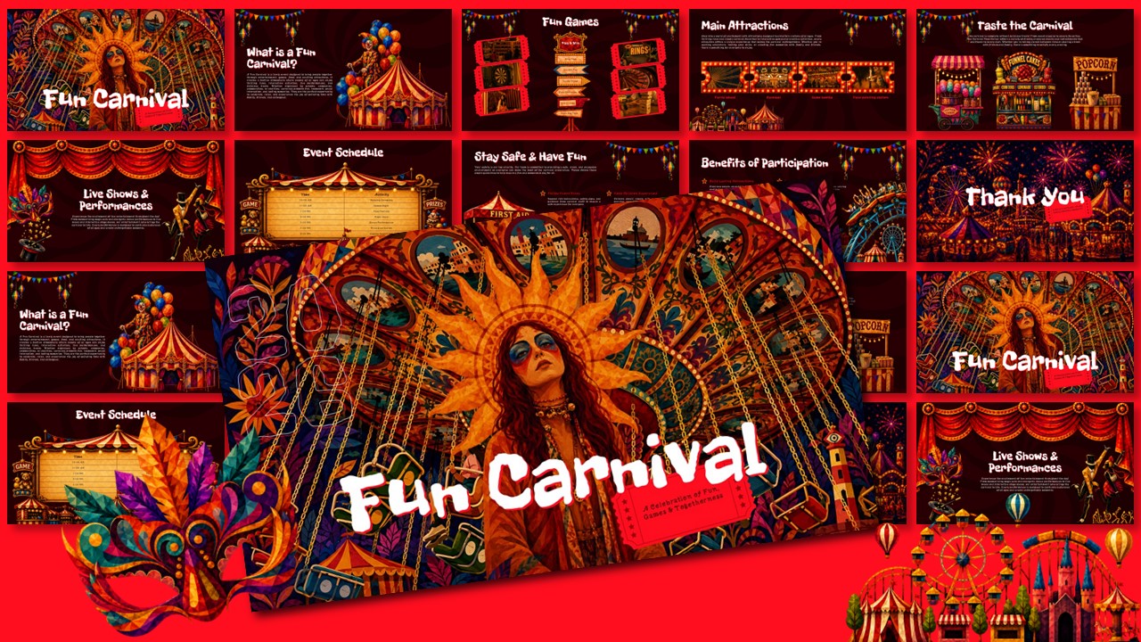 Fun Carnival Theme Template - Full deck preview with vintage circus-style slides in crimson, gold, and teal