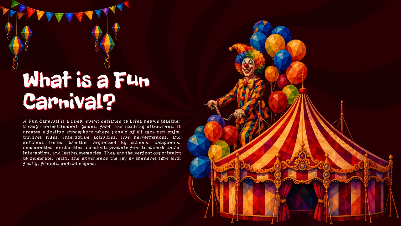 Fun Carnival Theme Template - Introduction slide with clown on bicycle, circus tent, and geometric low-poly balloons