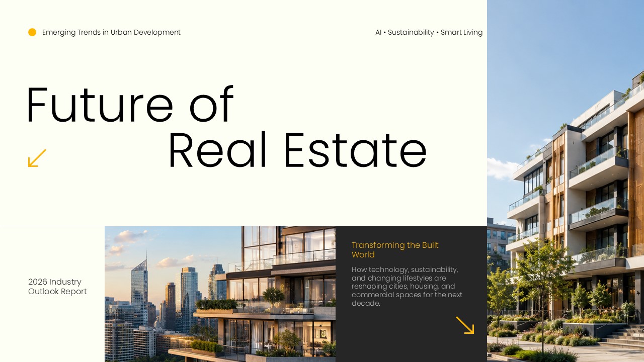 Future of Real Estate Google Slides Template - Smart infrastructure slide with 68% urban living statistic and cityscape