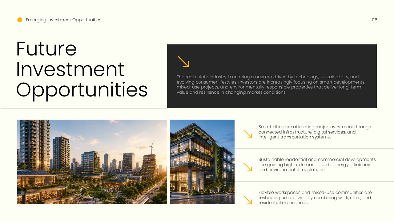 Future of Real Estate Template - Technology and smart living slide with 75% growth stat and network icon