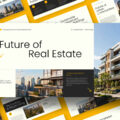 Future of Real Estate Template - Cover slide with architectural photo, golden accents, and 2026 industry outlook title