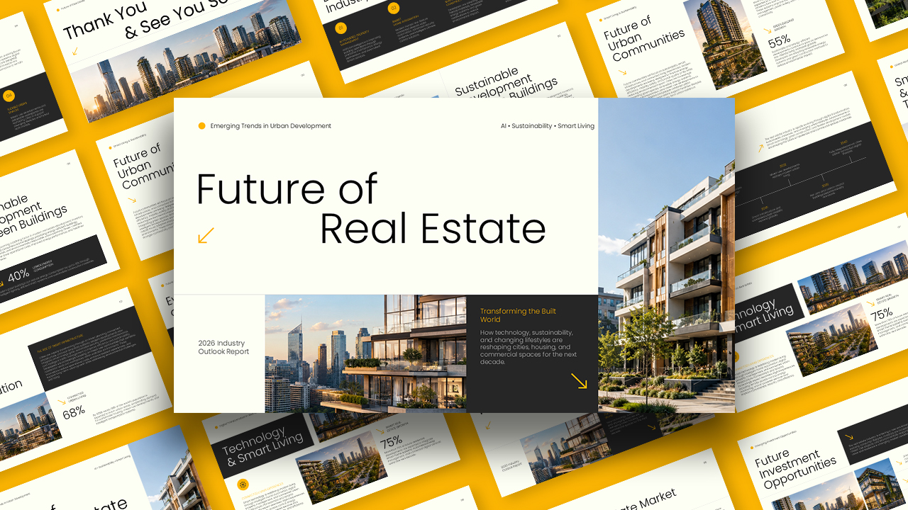 Future of Real Estate Template - Cover slide with architectural photo, golden accents, and 2026 industry outlook title
