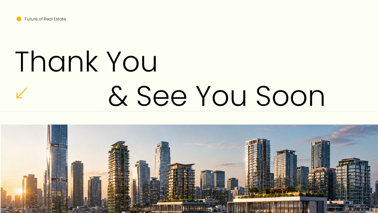 Future of Real Estate Template - Thank you closing slide with bold typography and panoramic city skyline photo