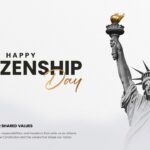 Citizenship Day Template - Minimalist cover slide with Statue of Liberty, gold script typography, and September 17 date block