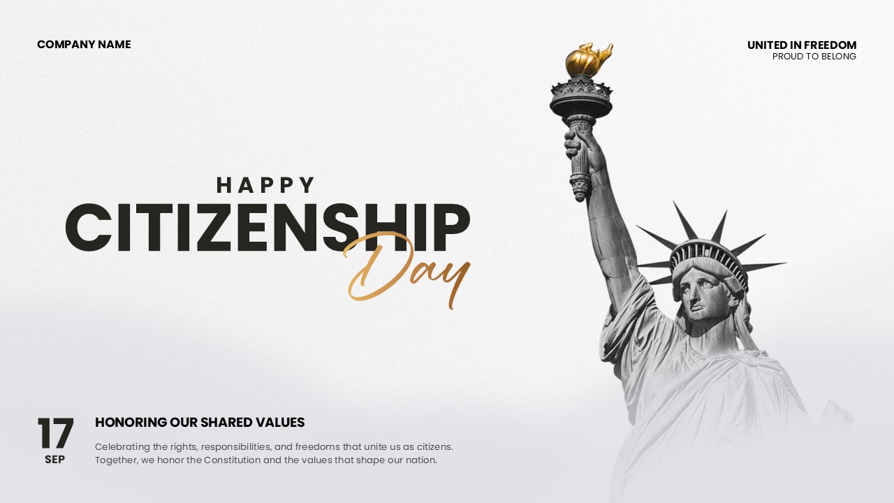 Citizenship Day Template - Minimalist cover slide with Statue of Liberty, gold script typography, and September 17 date block