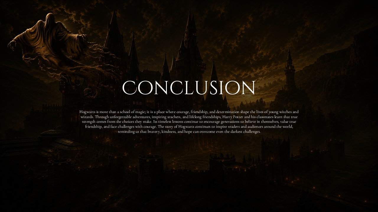 Harry Potter Hogwarts Conclusion Template - closing summary slide with dark cinematic background and conclusion title