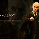 Draco Malfoy Profile Template - Slytherin character right with green accents, ghost portrait left, serif title and bio text