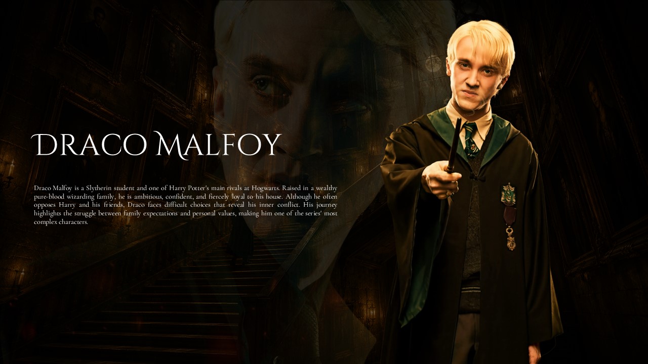 Draco Malfoy Profile Template - Slytherin character right with green accents, ghost portrait left, serif title and bio text