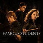 Famous Students Section Divider - Ron, Harry, Hermione full-figure portraits with single centered title on dark background