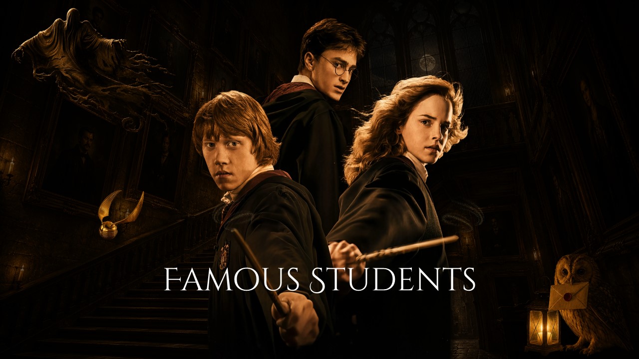 Famous Students Section Divider - Ron, Harry, Hermione full-figure portraits with single centered title on dark background