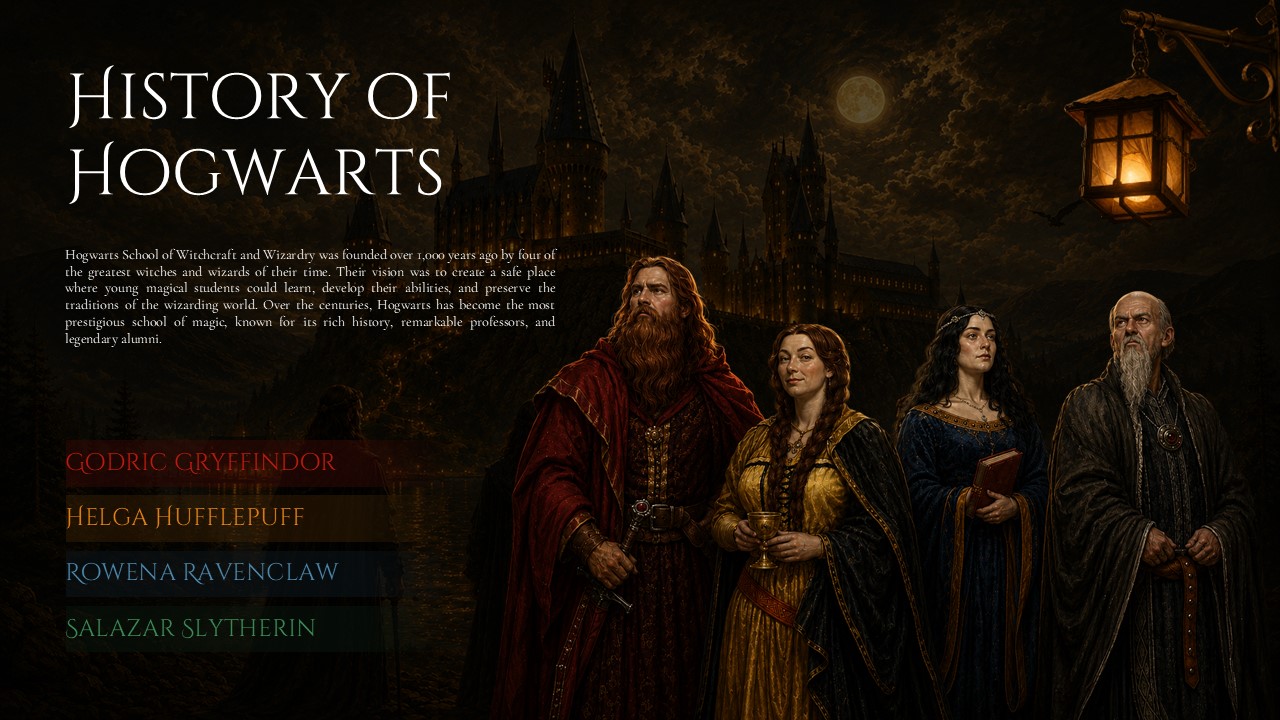Harry Potter Four Houses Template - 2x2 grid layout with Gryffindor, Hufflepuff, Ravenclaw, Slytherin colored panels