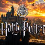 Harry Potter Hogwarts Title Slide - full-bleed castle panorama with stylized chrome logo and Hogwarts crest at sunset