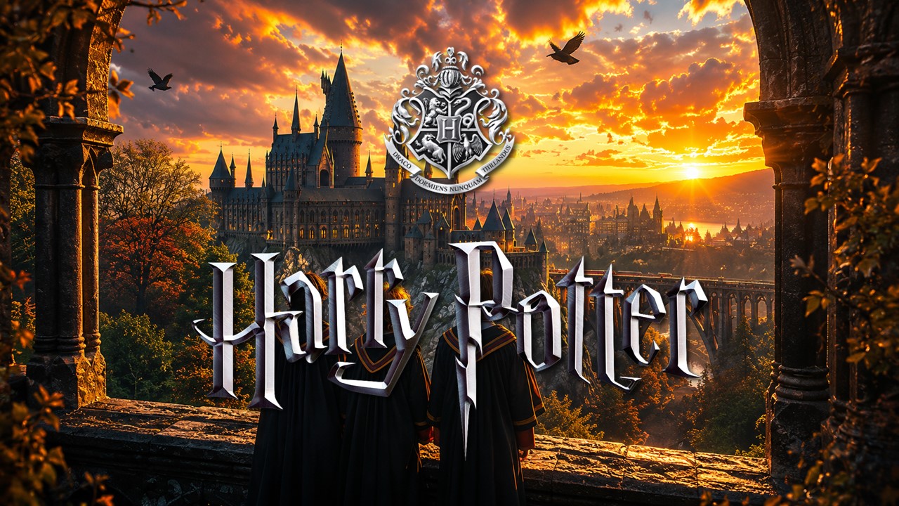 Harry Potter Hogwarts Title Slide - full-bleed castle panorama with stylized chrome logo and Hogwarts crest at sunset