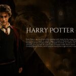 Harry Potter Profile Template - character figure left, ghost portrait background right, large serif name title and bio paragraph