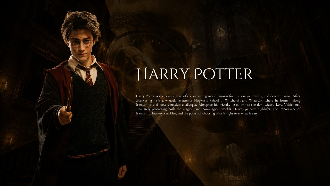 Harry Potter Profile Template - character figure left, ghost portrait background right, large serif name title and bio paragraph