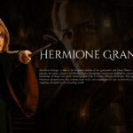 Hermione Granger Profile Template - character figure right, ghost portrait left, serif title and biographical paragraph