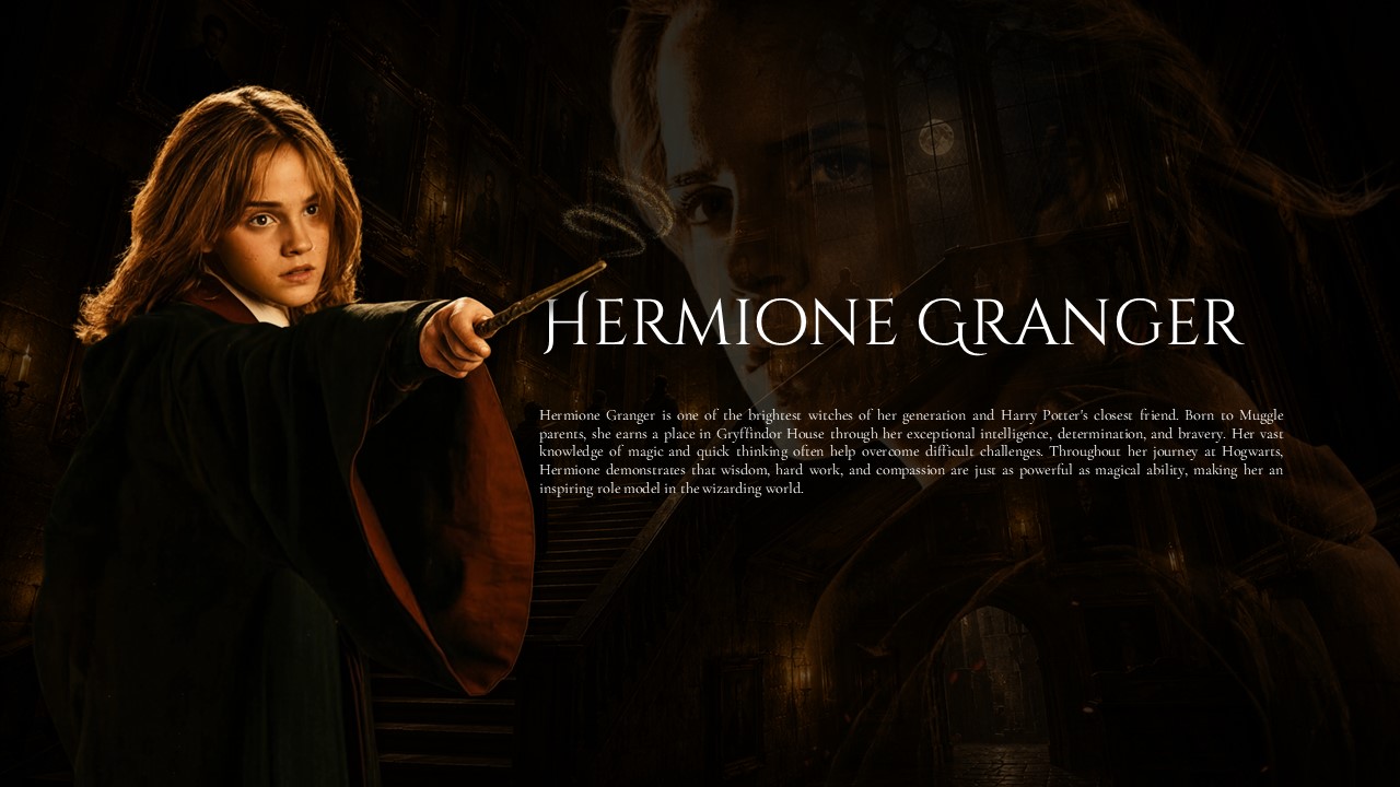 Hermione Granger Profile Template - character figure right, ghost portrait left, serif title and biographical paragraph