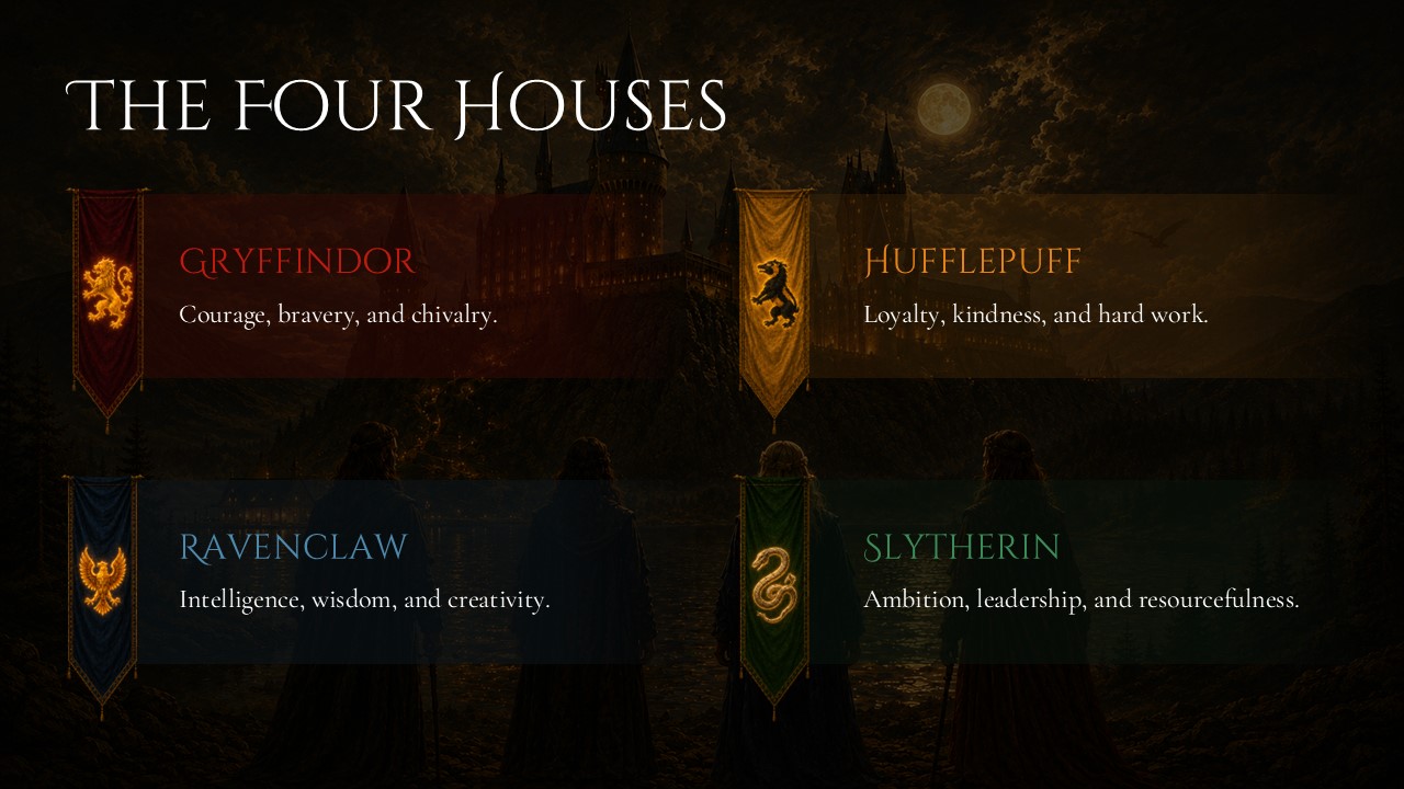 Hogwarts History Template - four founder portraits with colored name labels and descriptive body paragraph on dark background