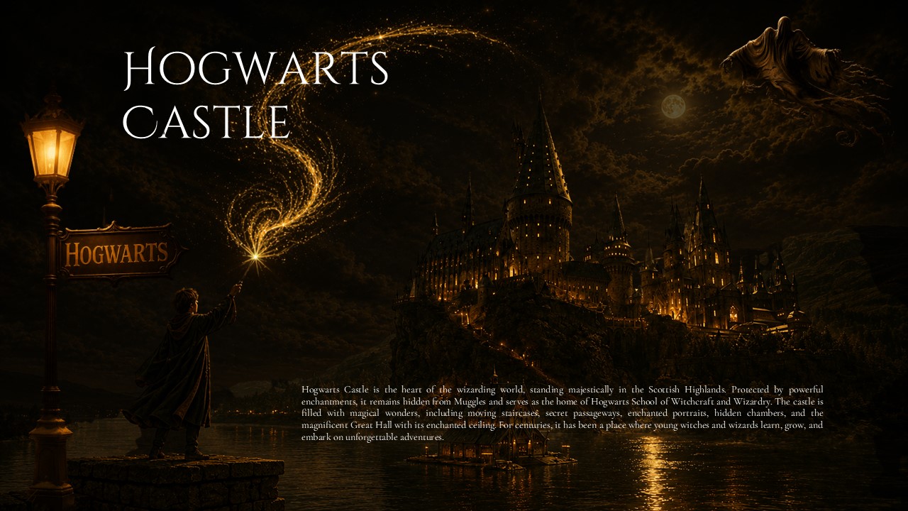 Hogwarts House Attributes Template - icon-forward 2x2 grid with house names, crests, and attribute descriptions