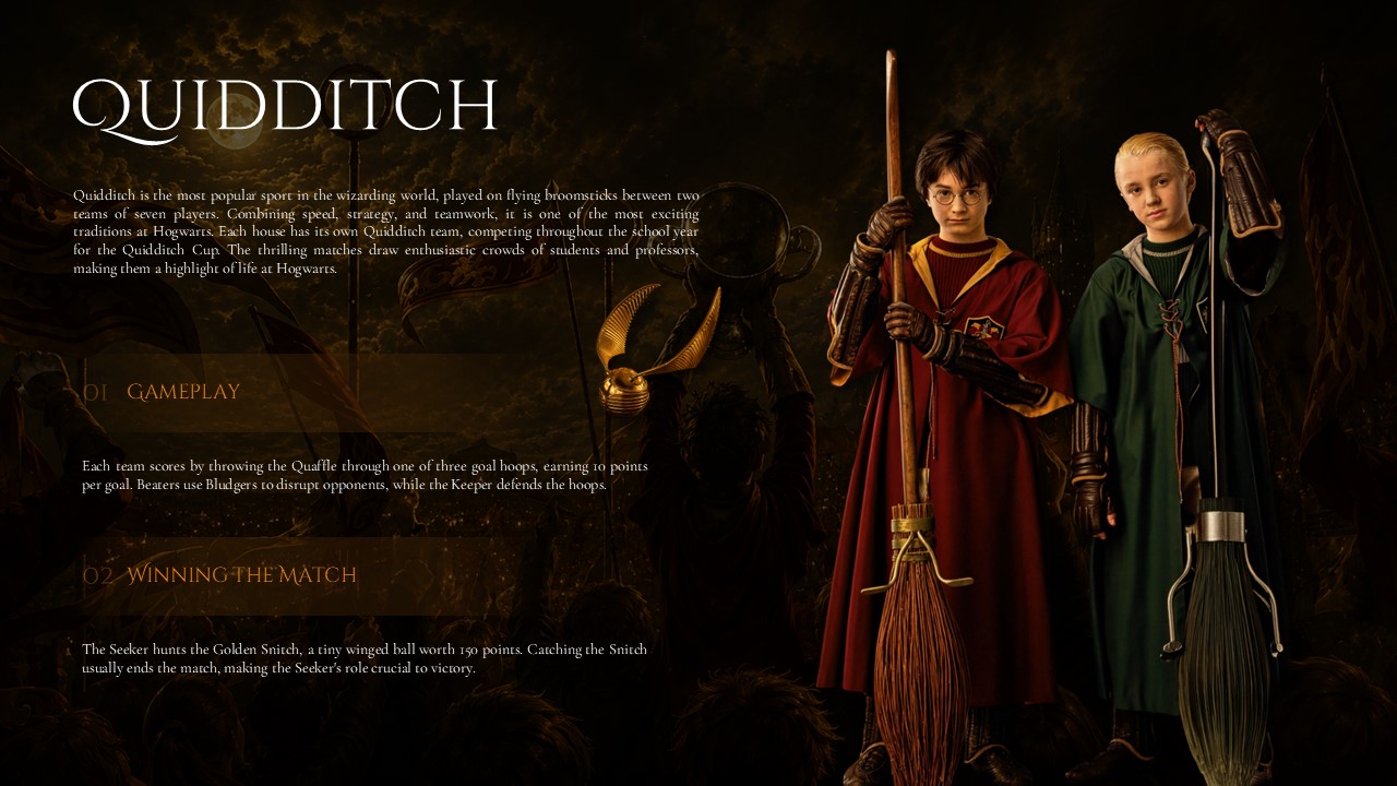 Quidditch Template - two-section numbered layout with intro paragraph and two Quidditch players on dark amber background