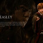Ron Weasley Profile Template - mirrored layout with character right, ghost portrait left, serif name title and biography text