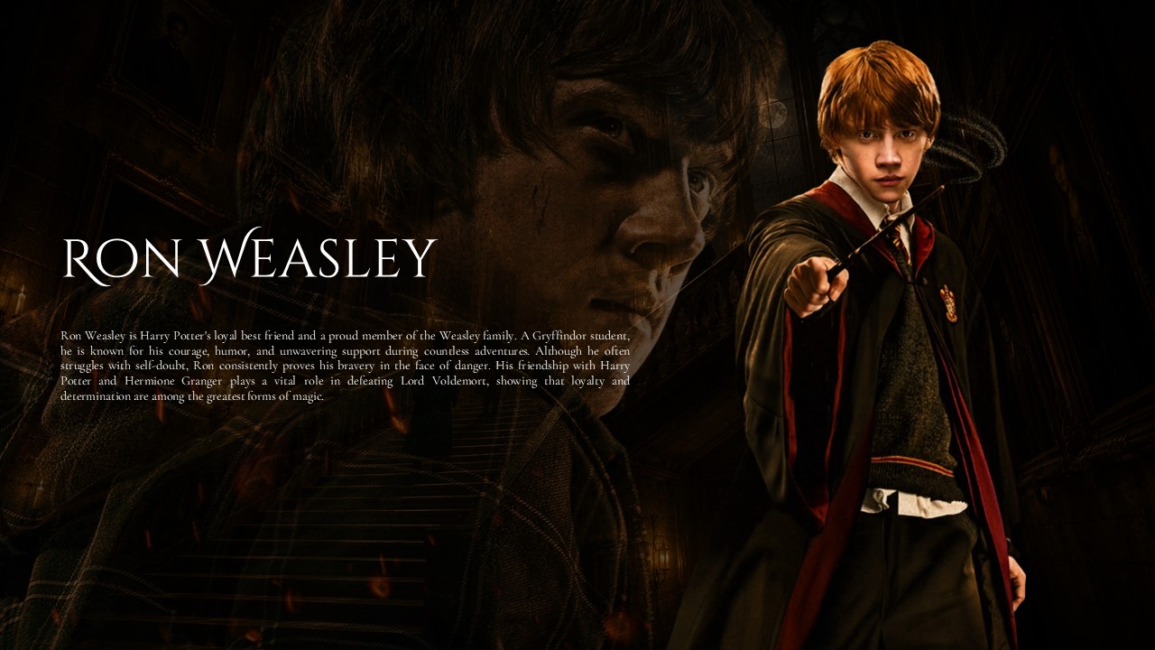 Ron Weasley Profile Template - mirrored layout with character right, ghost portrait left, serif name title and biography text