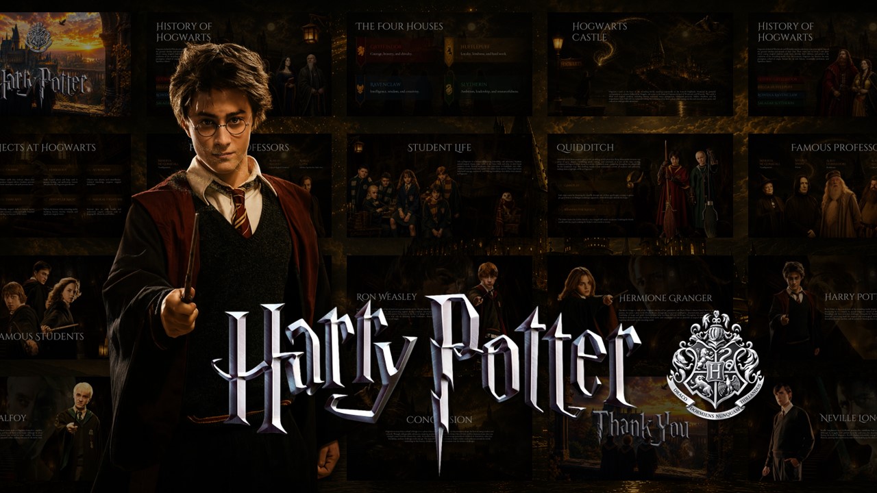 Harry Potter Hogwarts Template - mosaic overview slide with character imagery, slide thumbnails grid, and title logo