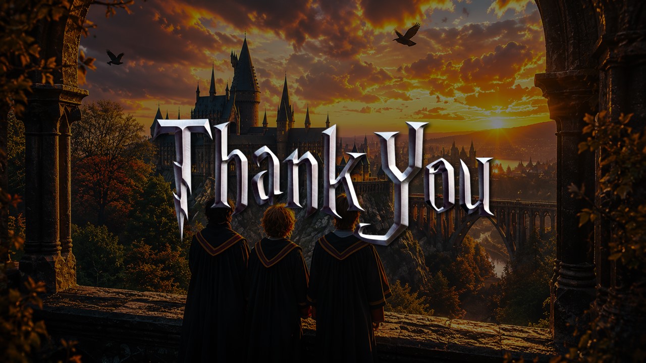 Harry Potter Thank You Template - closing slide with stylized thank you text and Hogwarts-themed dark cinematic design
