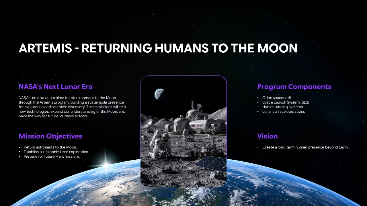 Humans In Space Template - Gateway lunar station slide with dual stacked space hardware images and key benefits text