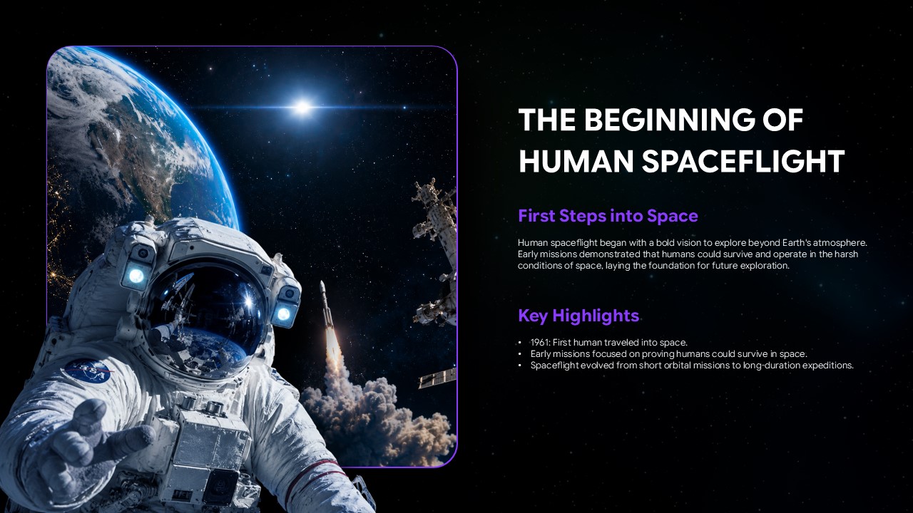 Humans In Space Template - Apollo Legacy slide with panoramic Moon landing image and two-column text layout