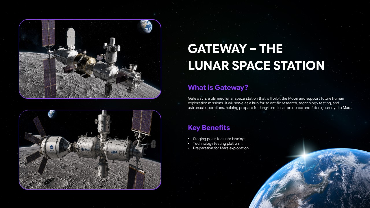 Humans In Space Template - Mars exploration slide with warm-toned Mars surface image and mission challenges text
