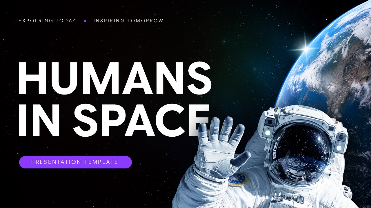 Humans In Space Template - two-column slide with purple-bordered space image and spaceflight history text sections