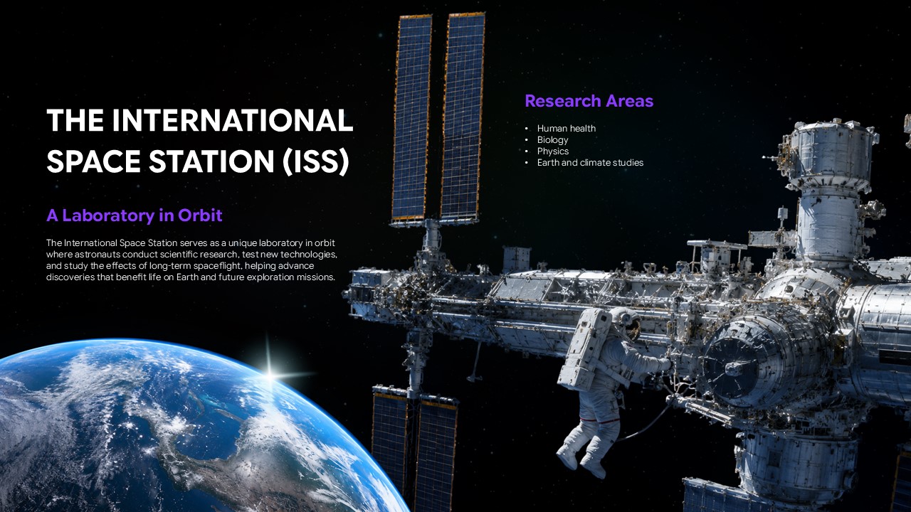 Humans In Space Template - astronaut training slide with dual portrait images and skills bullet point sections