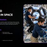 Humans In Space Template - full-bleed ISS and Earth background slide with research areas text overlay