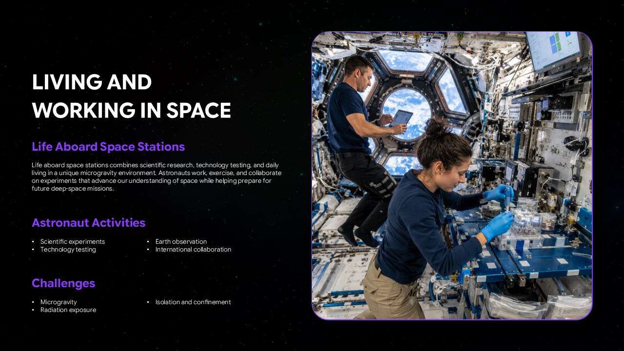Humans In Space Template - full-bleed ISS and Earth background slide with research areas text overlay