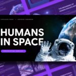 Humans In Space Template - dark cover slide with bold white title, astronaut photo, and purple CTA button