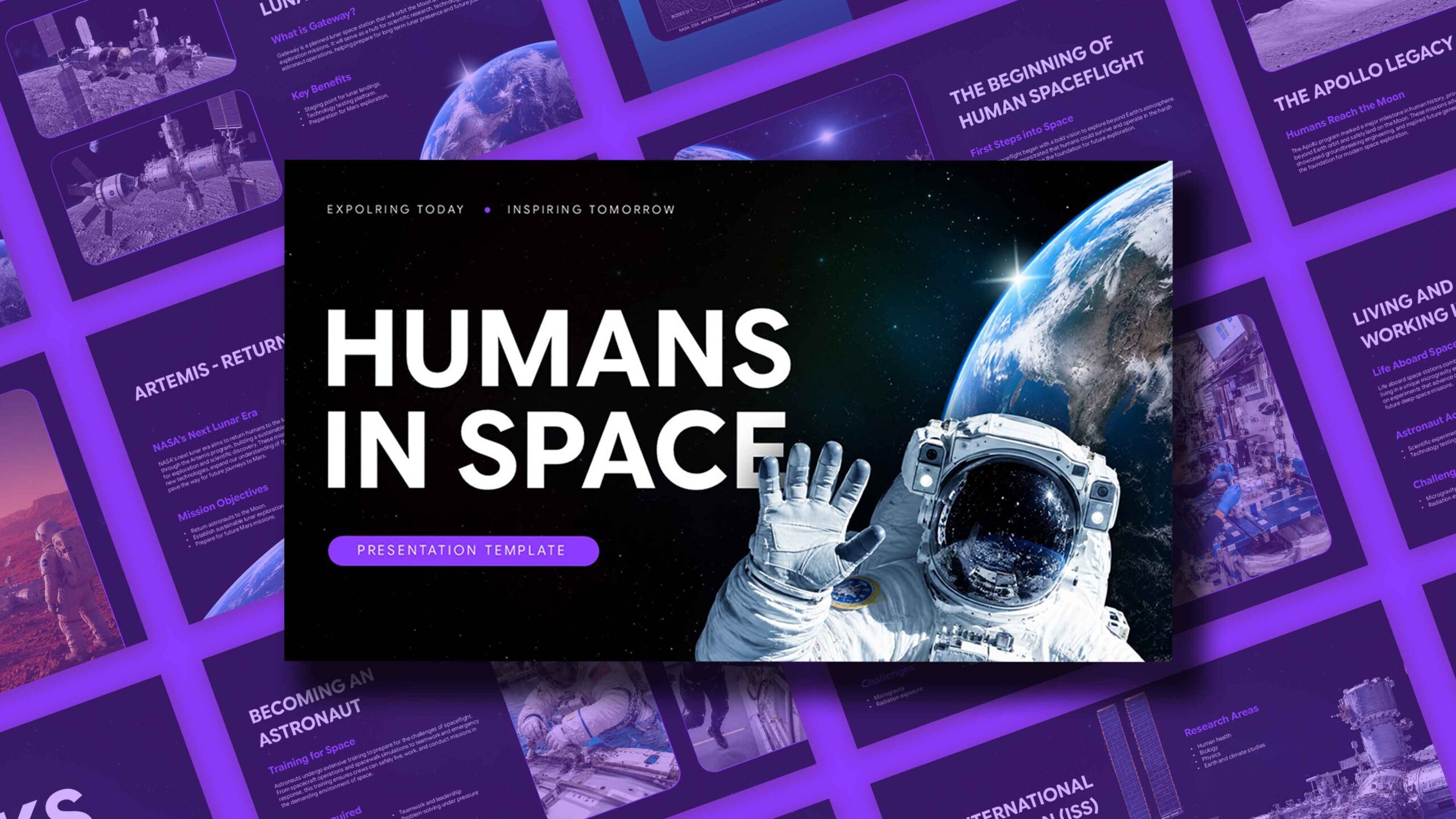 Humans In Space Template - dark cover slide with bold white title, astronaut photo, and purple CTA button