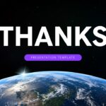 Humans In Space Template - thank you closing slide with Earth sunburst photo, bold THANKS heading, and purple button