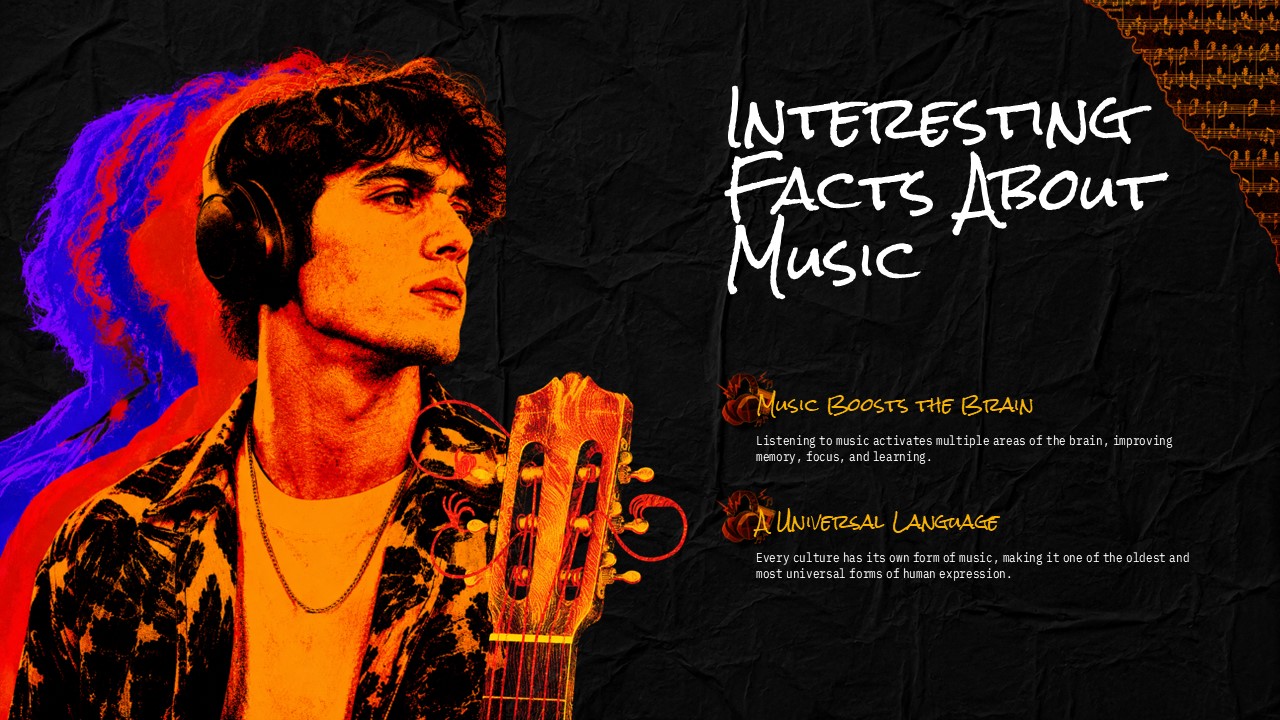 International Music Day Benefits Learning Music Template - Female singer with vinyl records and two gold benefit blocks on black background