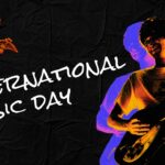International Music Day Google Slides PowerPoint Template - Split title slide with duotone guitarist and golden tagline on black background